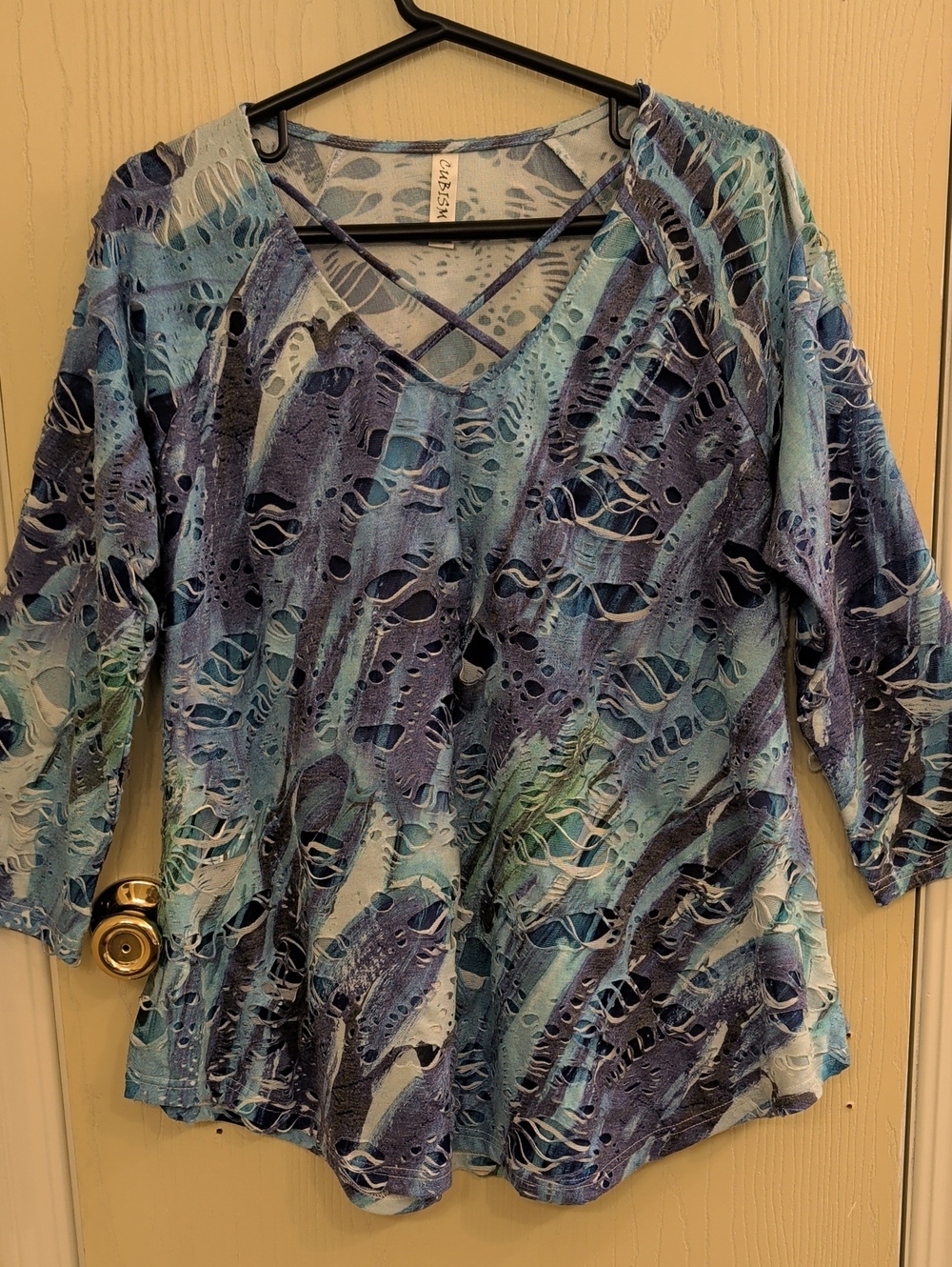 Cubism Blue Abstract Print Cutout V-Neck Top 3/4 Sleeve Size L